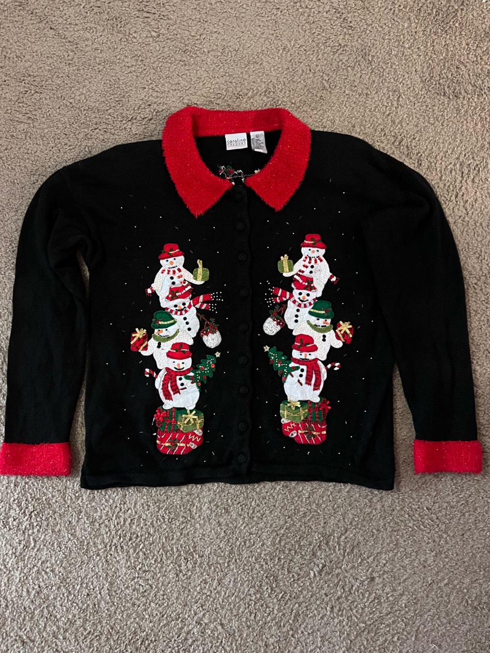 Grandmacore Carolina Colours VTG Black and Red Ugly Christmas Sweater Snowmen L